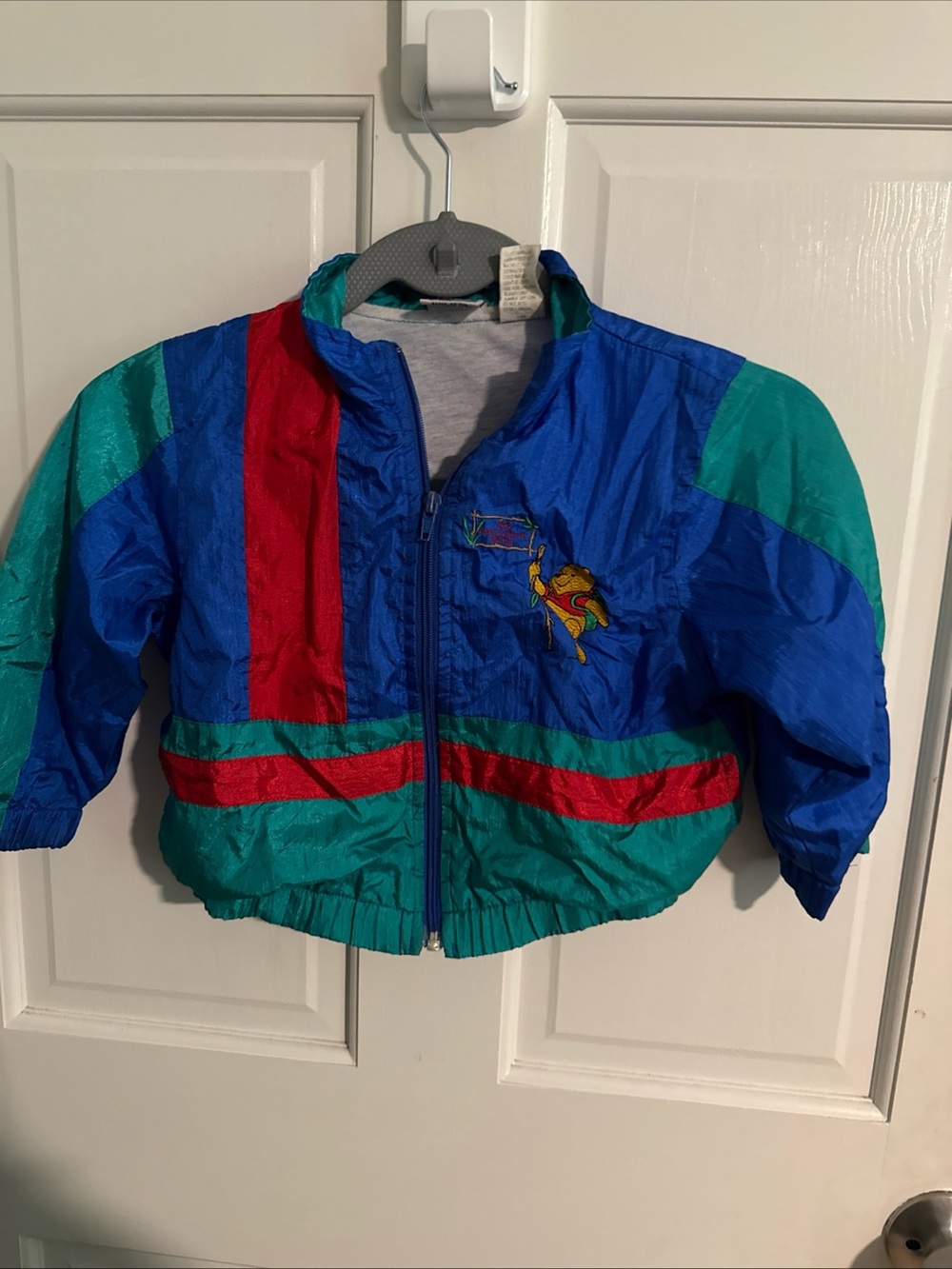 Vintage Kids Colorblock Puffer Jacket with Turtle Patch - Blue/Teal/Red
